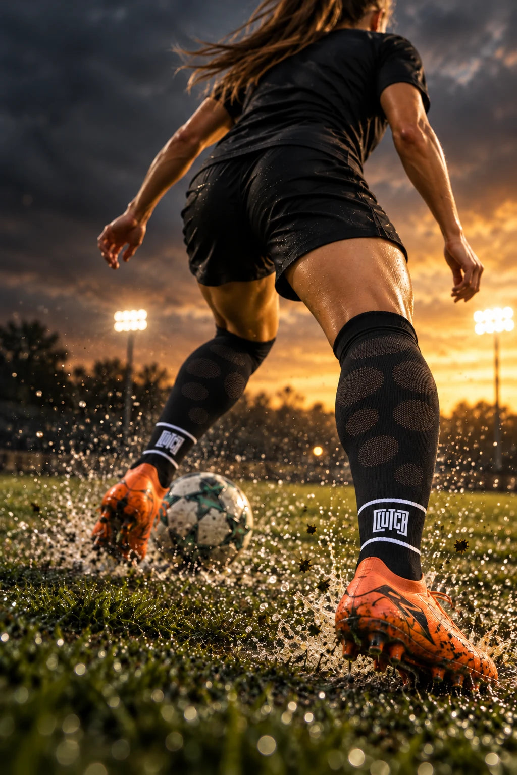 Rear-view campaign of a female footballer turning on wet turf in black Flex Flow socks