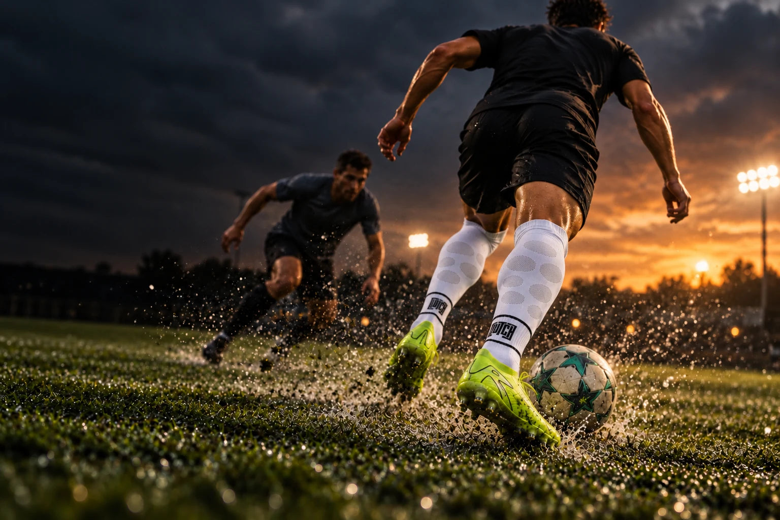 Campaign scene of a player changing direction in white Flex Flow socks on a wet pitch
