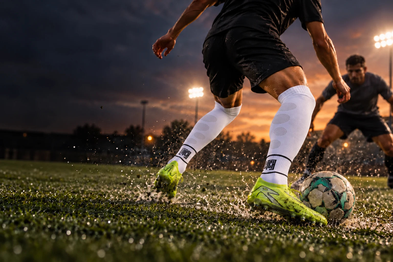 Clutch campaign: explosive change of direction on wet turf in white Flex Flow socks